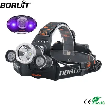 BORUiT RJ-3000, УФ светодиодный налобный фонарь с 3 режимами фиолетового света, фара с USB-аккумулятором 18650, Налобный фонарь Для Кемпинга, Рыбалки