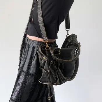 Черные промытые сумки-тоут для женщин Винтажная потертая мягкая мотоциклетная сумка из искусственной кожи Большой емкости Женская сумка