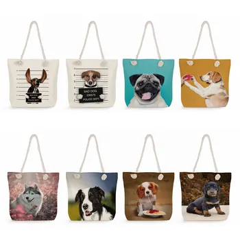 Эко Многоразовые сумки для хранения для Дам, Портативная Модная уличная сумка для покупок с принтом собаки, Милые женские сумки на плечо с изображением животных